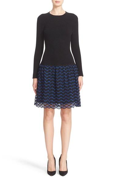 Women's Lela Rose Wave Lace Hem Fit & Flare Knit Dress