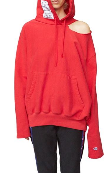 Women's Vetements X Champion Cold Shoulder Hoodie - Red