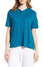 Women's Eileen Fisher Mandarin Collar Organic Linen Knit Shirt, Size - Blue/green