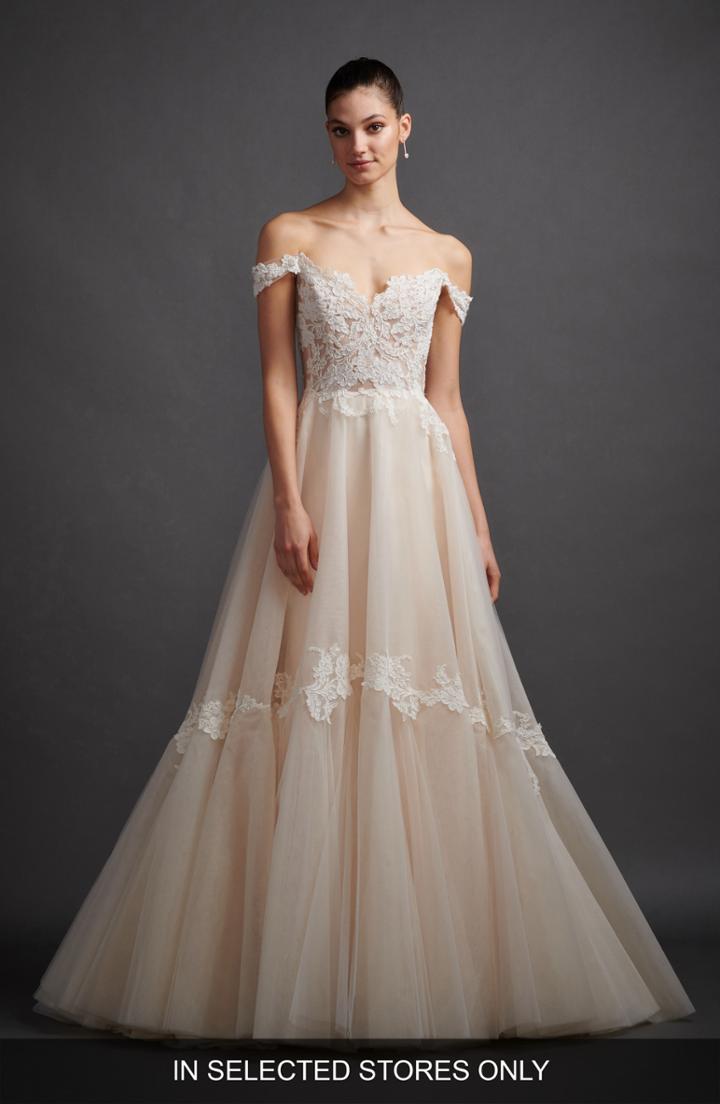 Women's Lazaro Jaden Off The Shoulder Lace & Tulle Ballgown, Size In Store Only - Ivory