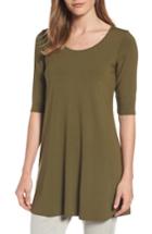 Women's Eileen Fisher Scoop Neck Elbow Sleeve Jersey Tunic, Size Large - Green (regular & ) (online Only)