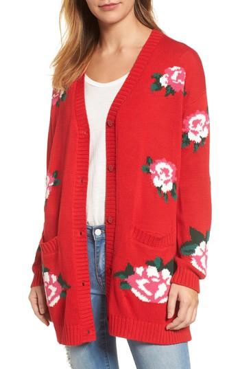 Women's Rdi Floral Intarsia Cardigan - Red