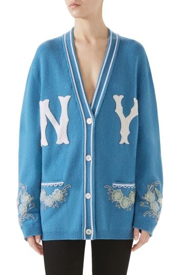 Women's Gucci Ny Embroidered Wool Cardigan - Blue