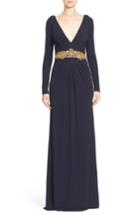 Women's Badgley Mischka Couture Embellished Waist Plunging V-neck Jersey Gown - Blue