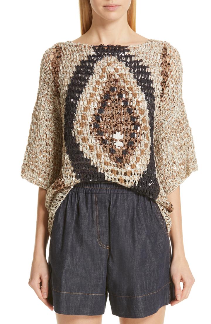 Women's Brunello Cucinelli Sequin Open Knit Sweater - Beige