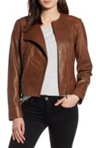 Women's Halogen Collarless Leather Jacket - Brown