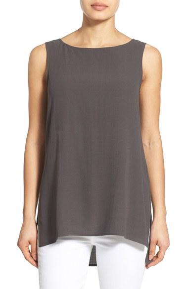 Women's Eileen Fisher Long Bateau Neck Silk Shell - Grey