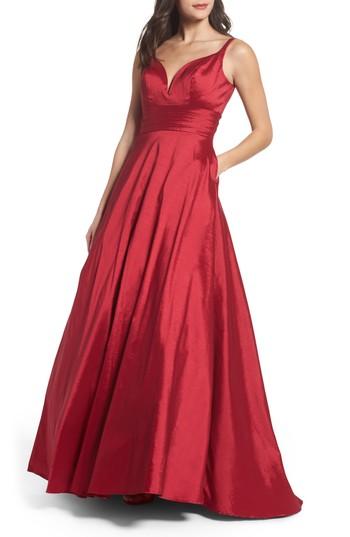 Women's Mac Duggal Plunge Neck Ballgown - Red