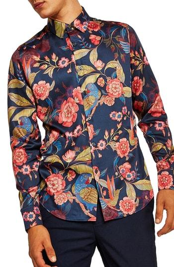 Men's Topman Parrot Floral Sport Shirt - Black