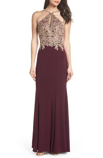 Women's Xscape Gold Embroidery Halter Neck Gown - Red