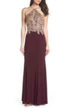 Women's Xscape Gold Embroidery Halter Neck Gown - Red