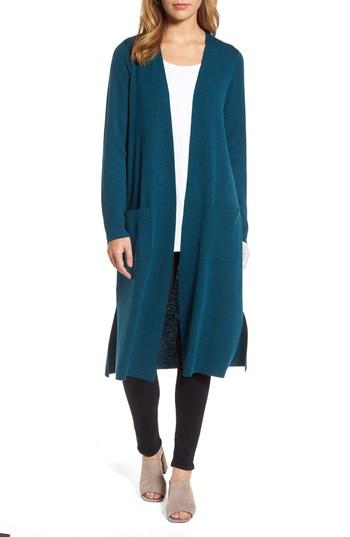 Women's Eileen Fisher Long Merino Wool Cardigan, Size - Blue
