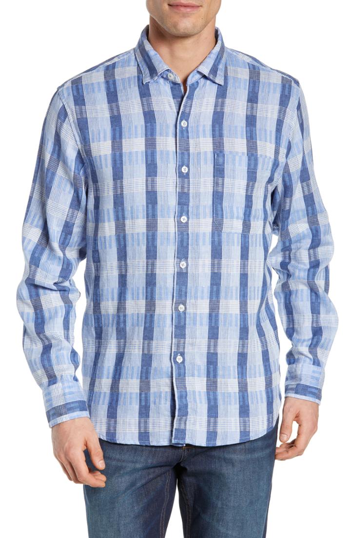 Men's Tommy Bahama Puka Plaid Linen Blend Sport Shirt - Blue