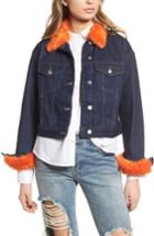 Women's Topshop Tilda Faux Fur Trim Denim Jacket Us (fits Like 0) - Blue