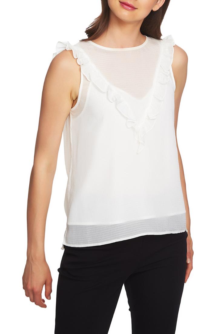 Women's 1.state Ruffle Detail Textured Sheer Check Blouse - White