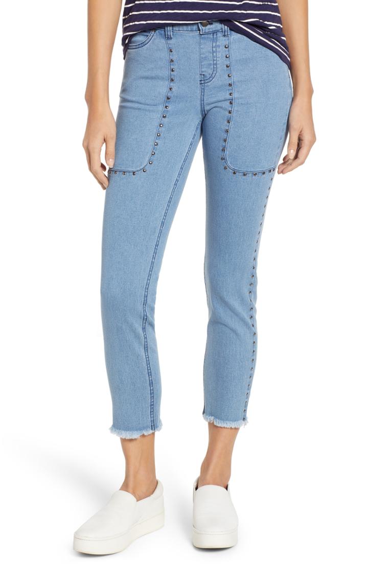Women's Zeza B By Hue High Waist Studded Denim Raw Hem Skimmer Leggings