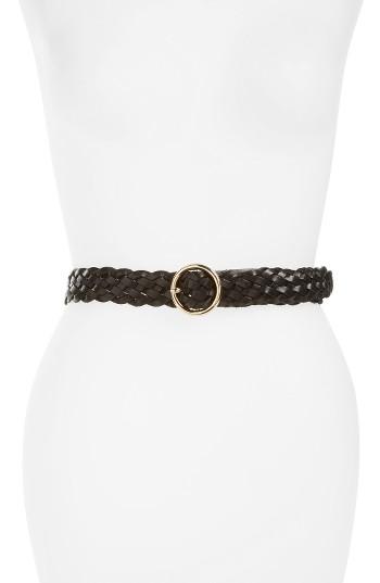 Women's Halogen Round Buckle Braided Leather Belt - Black