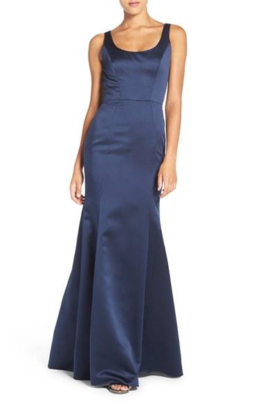 Women's Hayley Paige Occasions Back Cutout Scoop Neck Satin Trumpet Gown - Blue