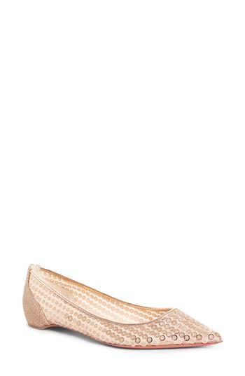 Women's Christian Louboutin Cabaret Sequin Pointy Toe Flat .5us / 35.5eu - Beige