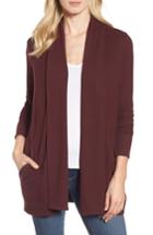 Women's Gibson Cozy Fleece Ribbed Cardigan, Size Regular - Burgundy