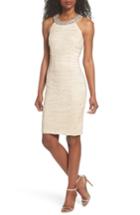 Women's Eliza J Embellished Crushed Taffeta Sheath Dress - Beige