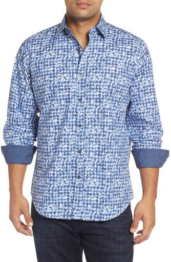 Men's Bugatchi Classic Fit Patterned Sport Shirt, Size - Blue