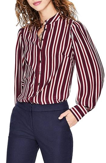 Women's Boden Blouson Sleeve Stripe Silk Blouse - Burgundy