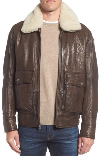 Men's Andrew Marc 3614 Leather Jacket With Genuine Lamb Shearling Collar - Brown