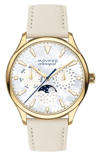 Women's Movado Heritage Celestograf Leather Strap Watch, 36mm