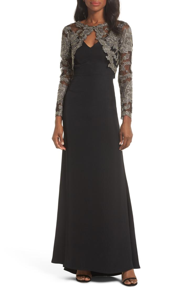 Women's Tadashi Shoji Crepe & Embroidered Lace Gown - Black
