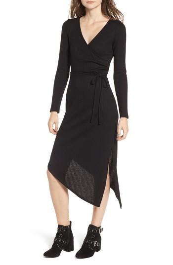 Women's One Clothing Ribbed Knit Asymmetrical Wrap Midi Dress - Black