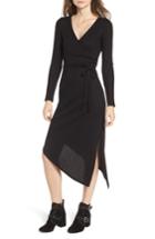 Women's One Clothing Ribbed Knit Asymmetrical Wrap Midi Dress - Black