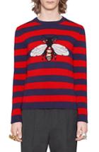 Men's Gucci Stripe Bee Wool Crewneck Sweater - Blue