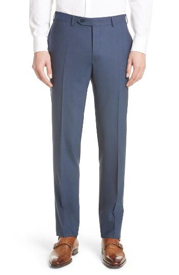 Men's Canali Flat Front Solid Stretch Wool Trousers R Eu - Blue