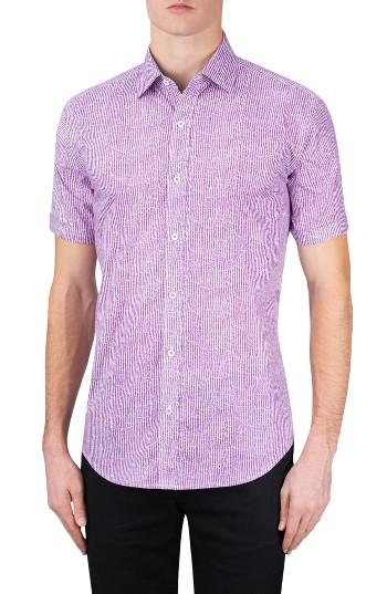 Men's Bugatchi Shaped Fit Stripe Sport Shirt - Orange