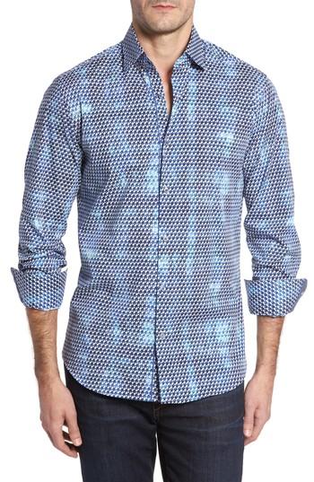Men's Stone Rose Slim Fit Origami Fx Print Sport Shirt, Size - Blue
