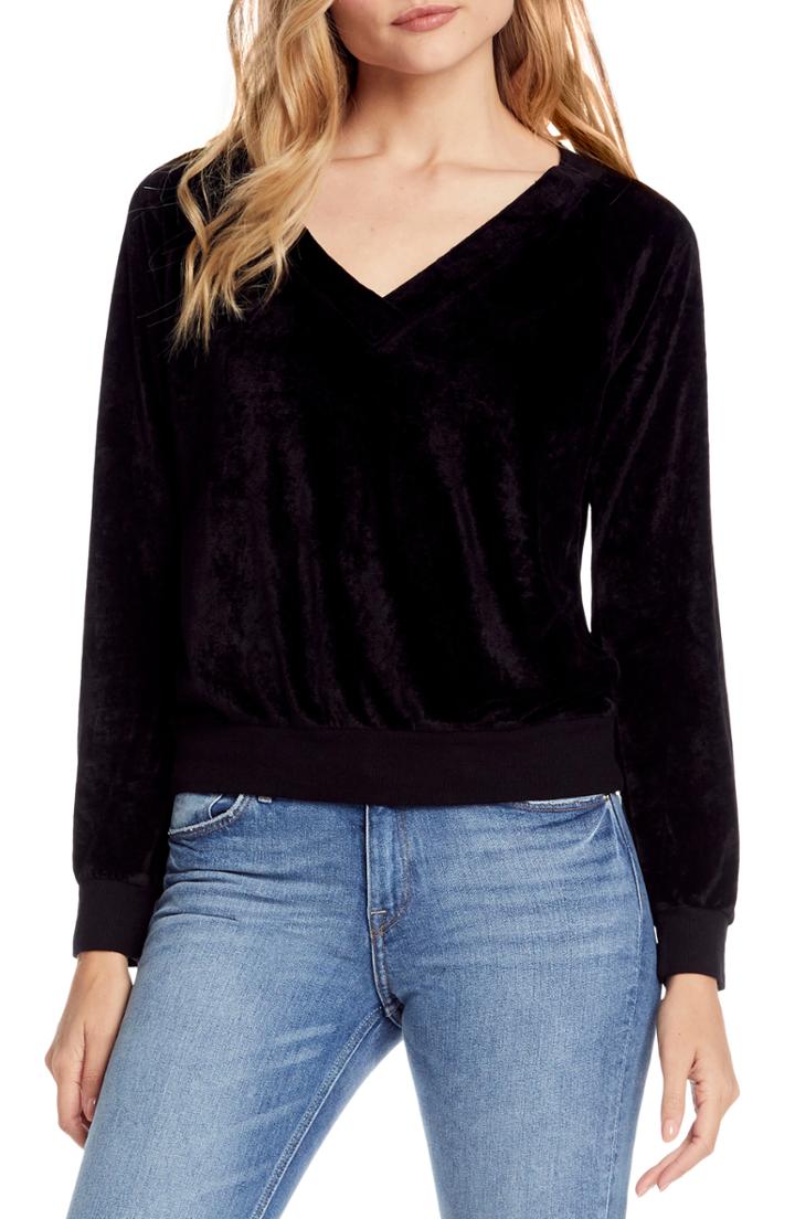 Women's Michael Stars Velvet V-neck Top - Black