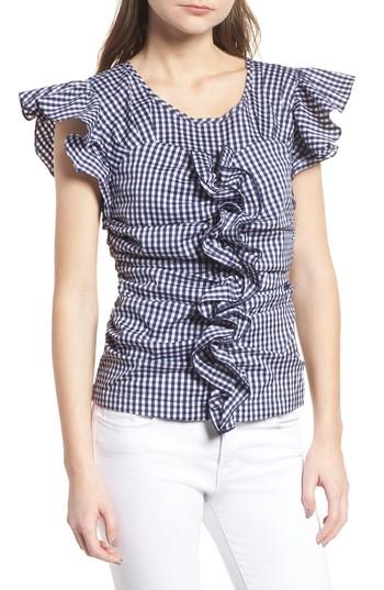 Women's Chelsea28 Gingham Ruched Poplin Top, Size - Blue