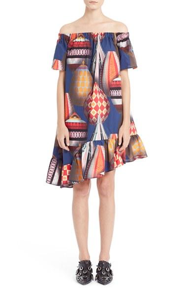 Women's Msgm Off The Shoulder Print Poplin Dress