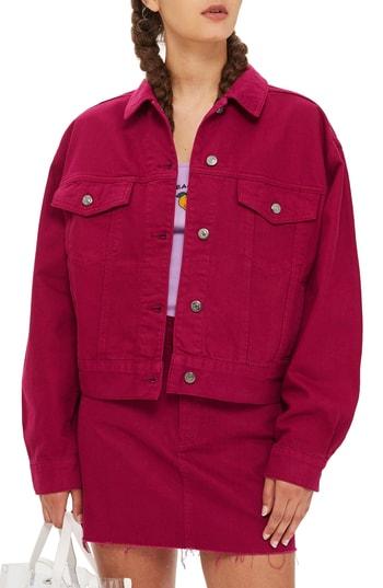 Women's Topshop Moto Denim Jacket Us (fits Like 6-8) - Pink
