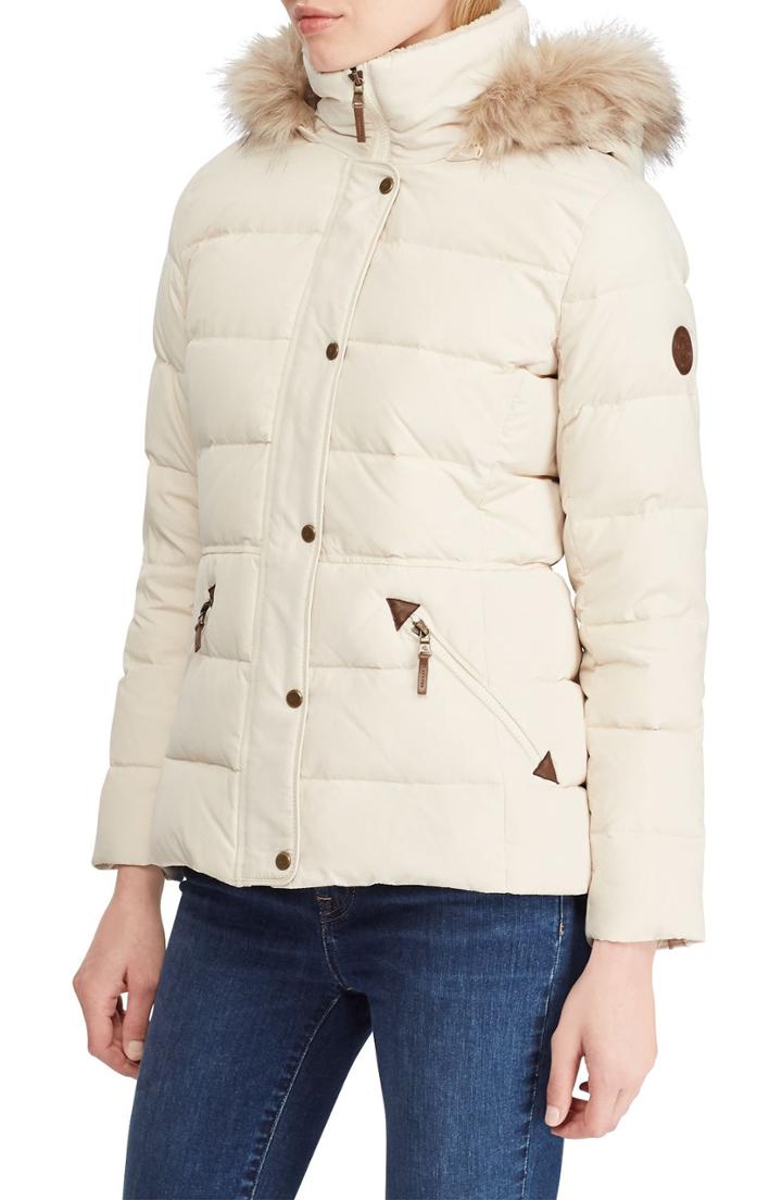 Women's Lauren Ralph Lauren Faux Fur Trim Down Parka - Beige