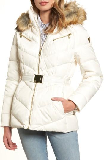 Women's Vince Camuto Belted Down & Feather Fill Coat With Faux Fur Trim Hood - Grey