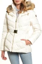 Women's Vince Camuto Belted Down & Feather Fill Coat With Faux Fur Trim Hood - Grey