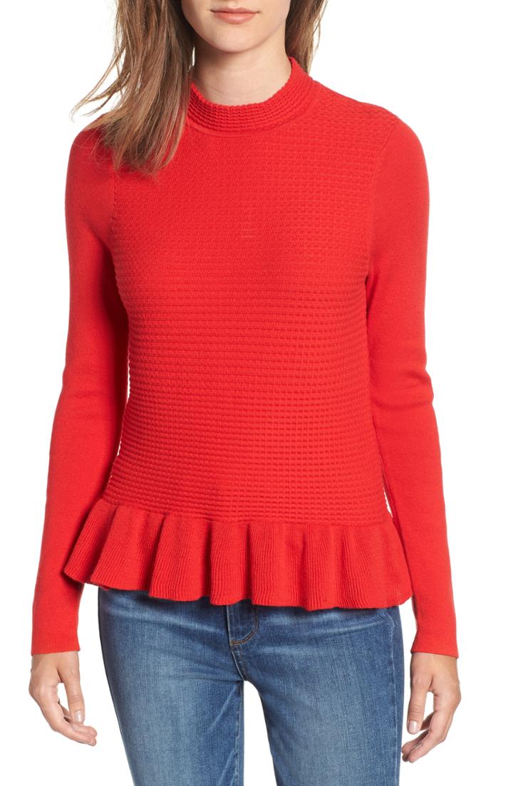 Women's Hinge Ruffle Hem Mock Neck Sweater - Red