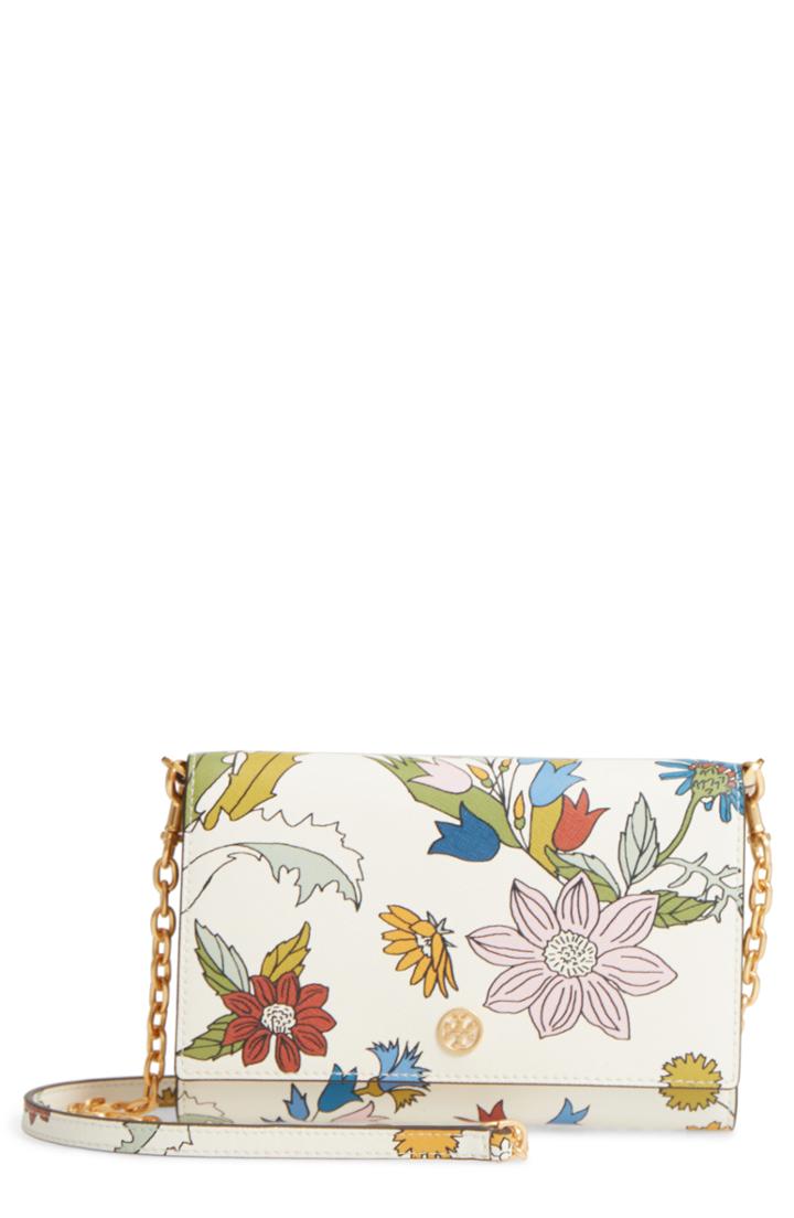 Women's Tory Burch Robinson Floral Leather Wallet On A Chain -