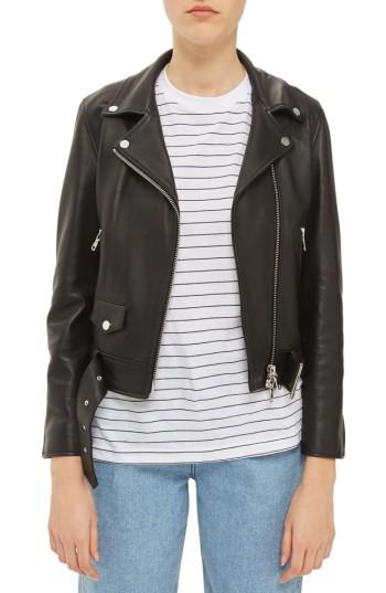 Women's Topshop Boutique Belted Leather Biker Jacket Us (fits Like 0) - Black