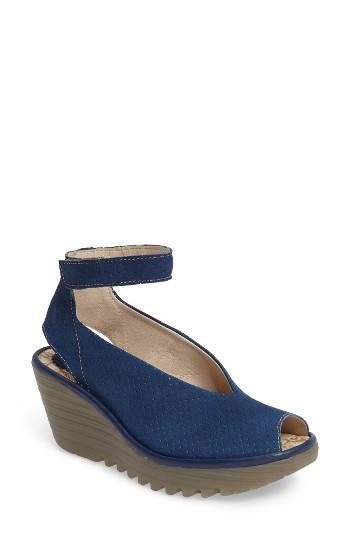Women's Fly London 'yala' Perforated Leather Sandal .5-6us / 36eu - Blue