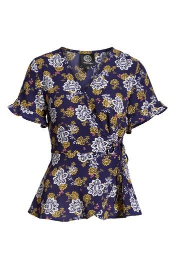 Petite Women's Bobeau Short Sleeve Crepe Faux Wrap Top P - Blue