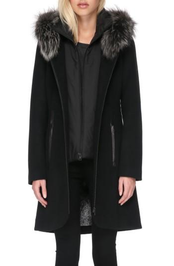 Women's Soia & Kyo Hooded Wool Blend Coat With Detachable Genuine Fox Fur - Black