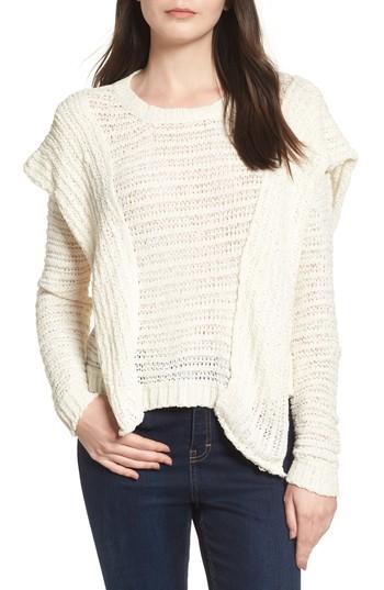 Women's Woven Heart Ruffle Chenille Sweater - Beige